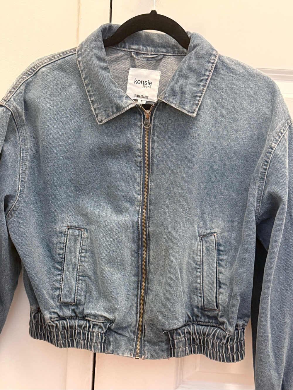 Kensie Washed Blue Denim Zip Bomber Jacket